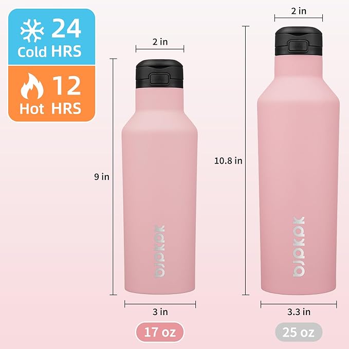 BJPKPK Insulated Water Bottle With Straw 17oz Stainless Steel Water Bottles With 2 Lids And Carry Handle Reusable Travel Metal Thermal Flask,Light Pink