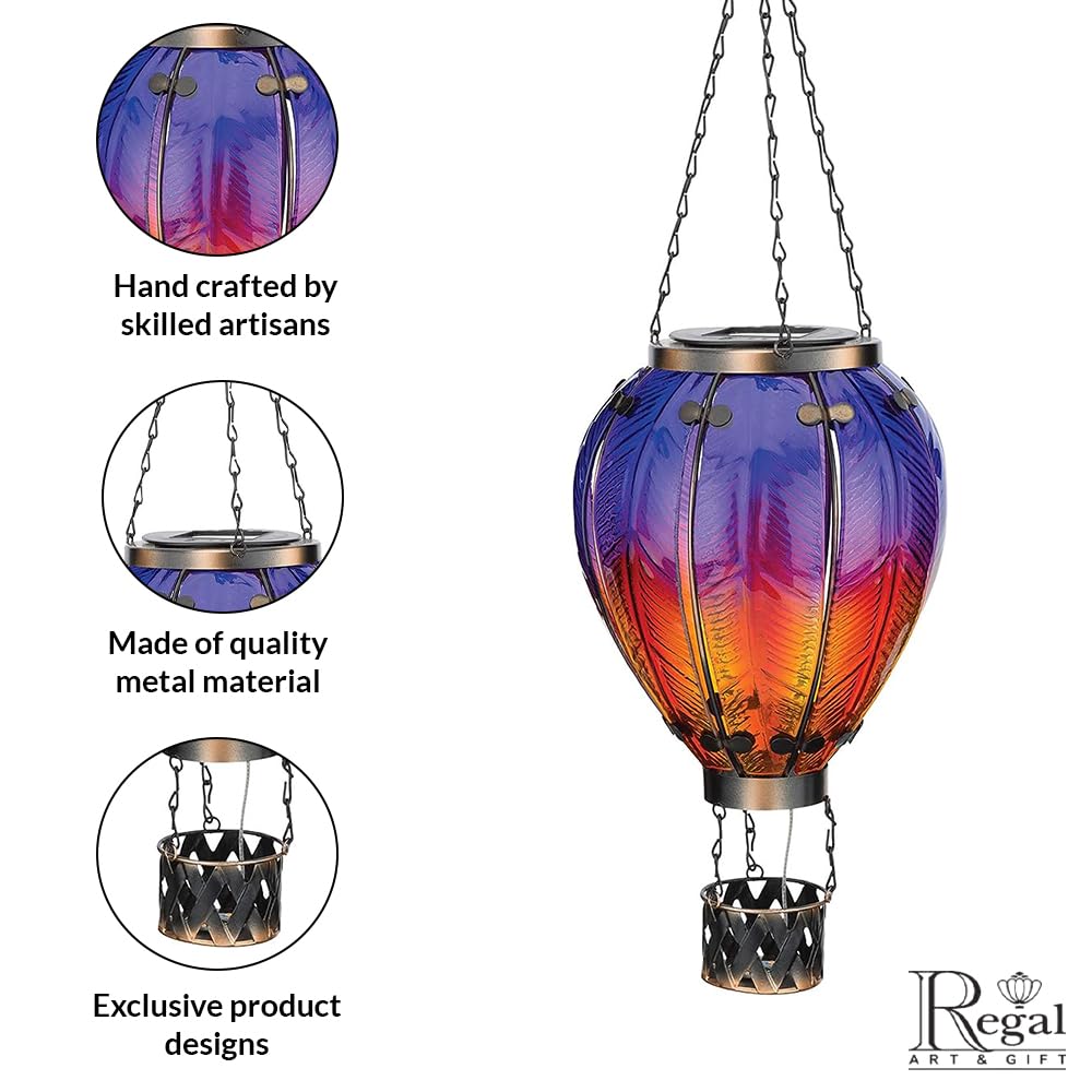 Regal Art & Gift Hot Air Balloon Lantern - Solar-Powered LED, Waterproof, Metal & Glass, Large, Purple, Model 12764