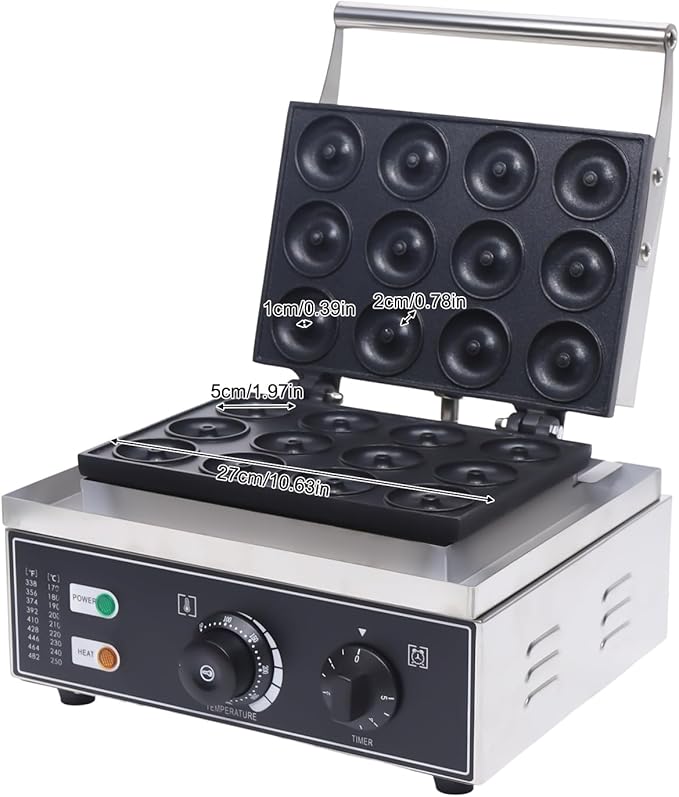 Mini Donut Maker Commercial Donut Maker Machine Electric Stainless Steel Doughnut Maker Double-Sided Heating with Non-stick Plate for Kitchen, Restaurant (12Pcs/Pan 1550W)
