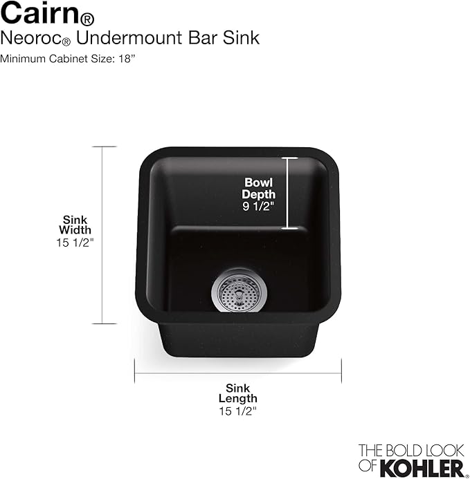 KOHLER K-8223-CM6 Cairn 15.5" Neoroc Composite Undermount Single-Bowl Bar Sink, Composite Bar Sink with Sink Rack, Matte White