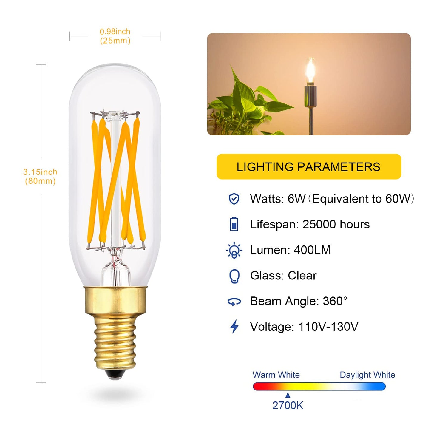 Eq Lighting Vintage Dimmable T6 Led Bulb  60W Equivalent/6 Watt  Antique E12 Edison Candelabra Light Bulbs  2700K Soft Warm White T8/T25 Small Tubular Chandelier Lamp  4 Pack