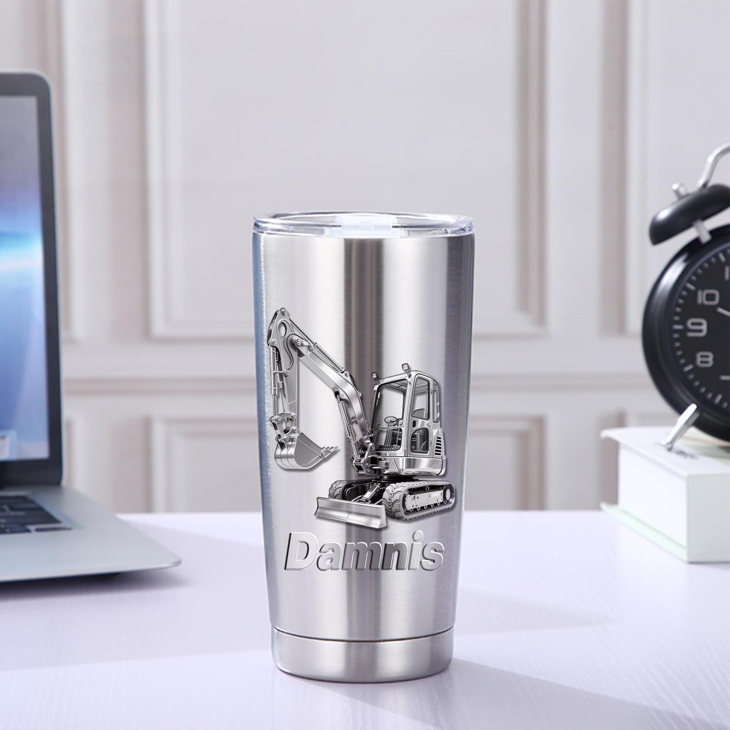 Personalized 3D Excavator Stainless Steel Silver Tumbler Mug for Kids Boys, Custom Name Excavator Tumbler Mug for Construction Lover, Kids Boy Birthsday Gift
