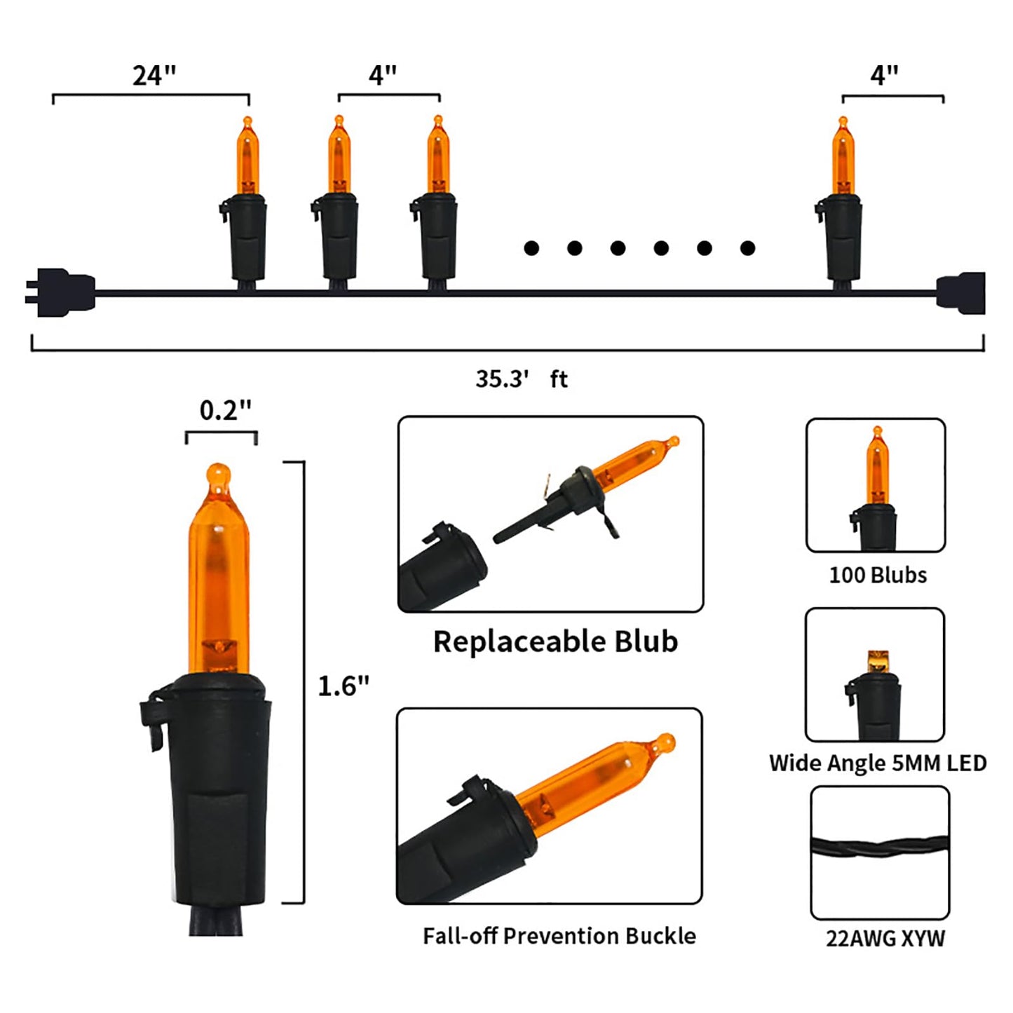 MULTI-SPARKING Orange LED String Lights - 100 Count, 33ft Black Wire, UL Certified, Connectable