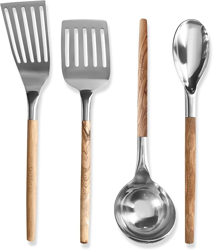 Premium Cooking Utensil Set – Salt & York 4-Piece Stainless Steel Non-toxic Kitchen Tools with Handcrafted Wooden Handles – Spatula, Ladle, Spoon – Gift for Home Cooks, Kitchen Gift