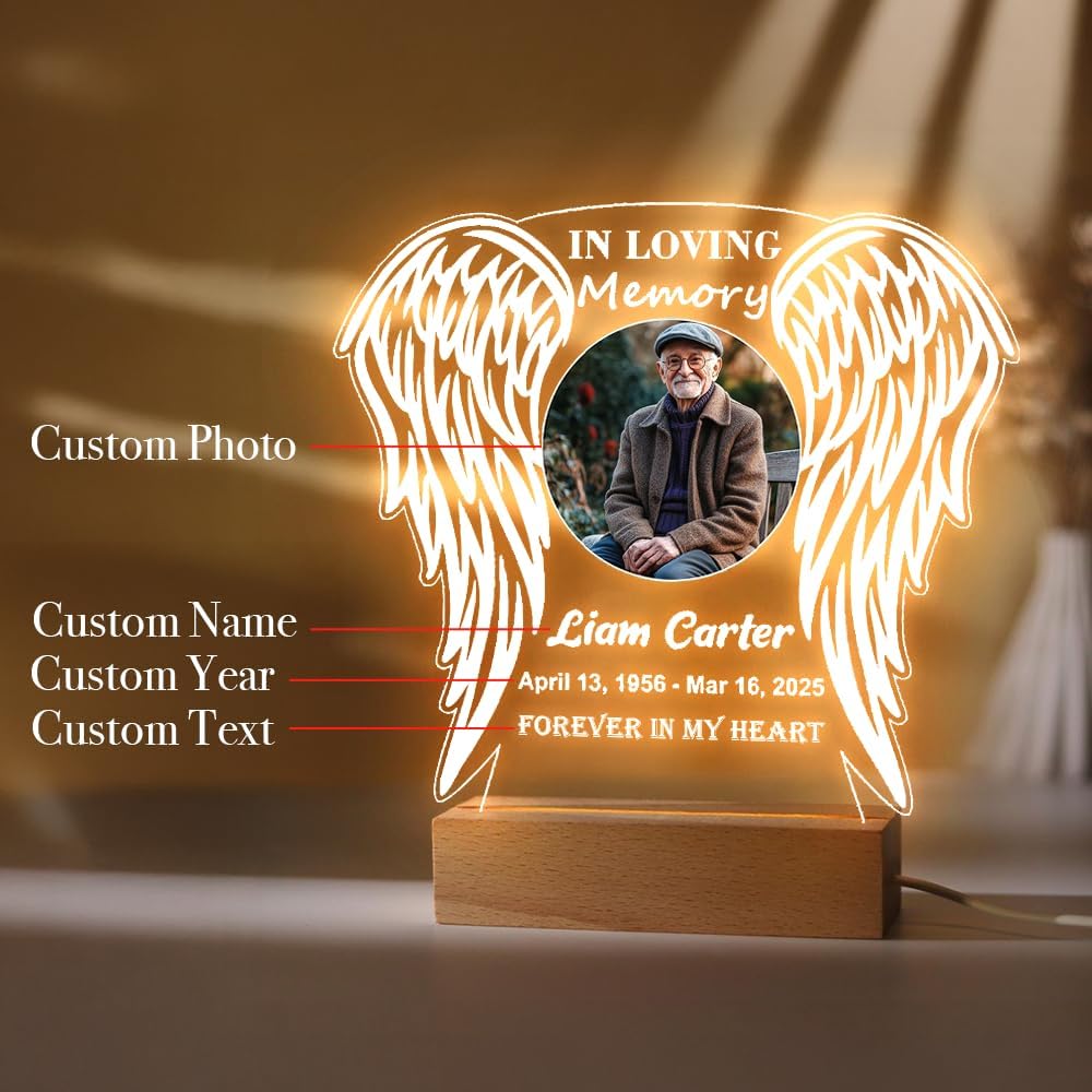 Personalized Memorial Picture Frame Night Light Lamp, Sympathy Gift for Loss of Loved One, in Memory of Dad, Mom, Husband, Sister, Friend, Funeral Mourning Ideas