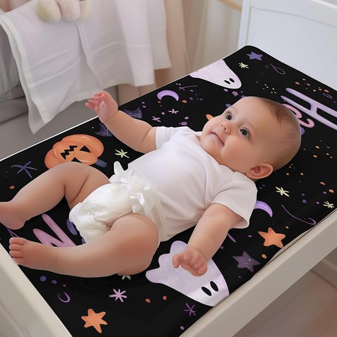 Halloween Pumpkin Bats Fall Holiday Moon Stars Pattern Baby Changing Pad Cover, Unisex Halloween Nursery Diaper Changing Table Pad Mat Sheet for Boys Girls-16x32