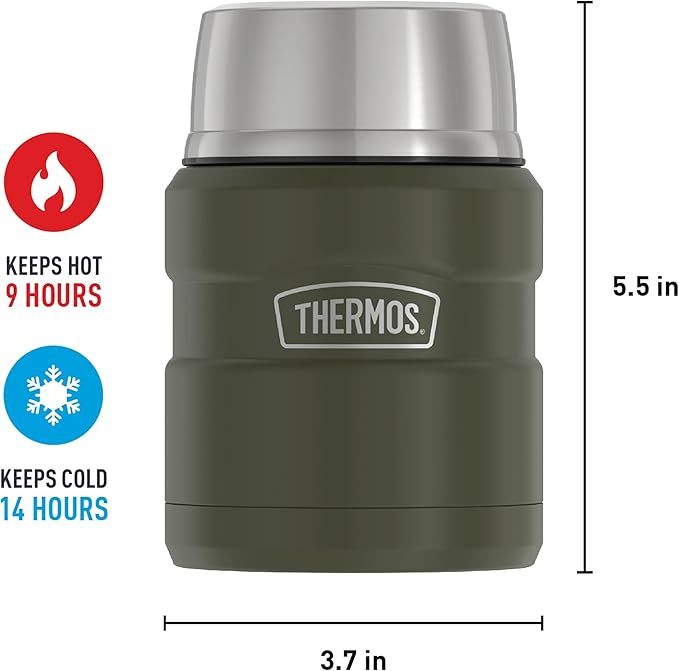 THERMOS Stainless King Vacuum-Insulated Food Jar with Spoon, 16 Ounce, Army Green (Pack of 4)
