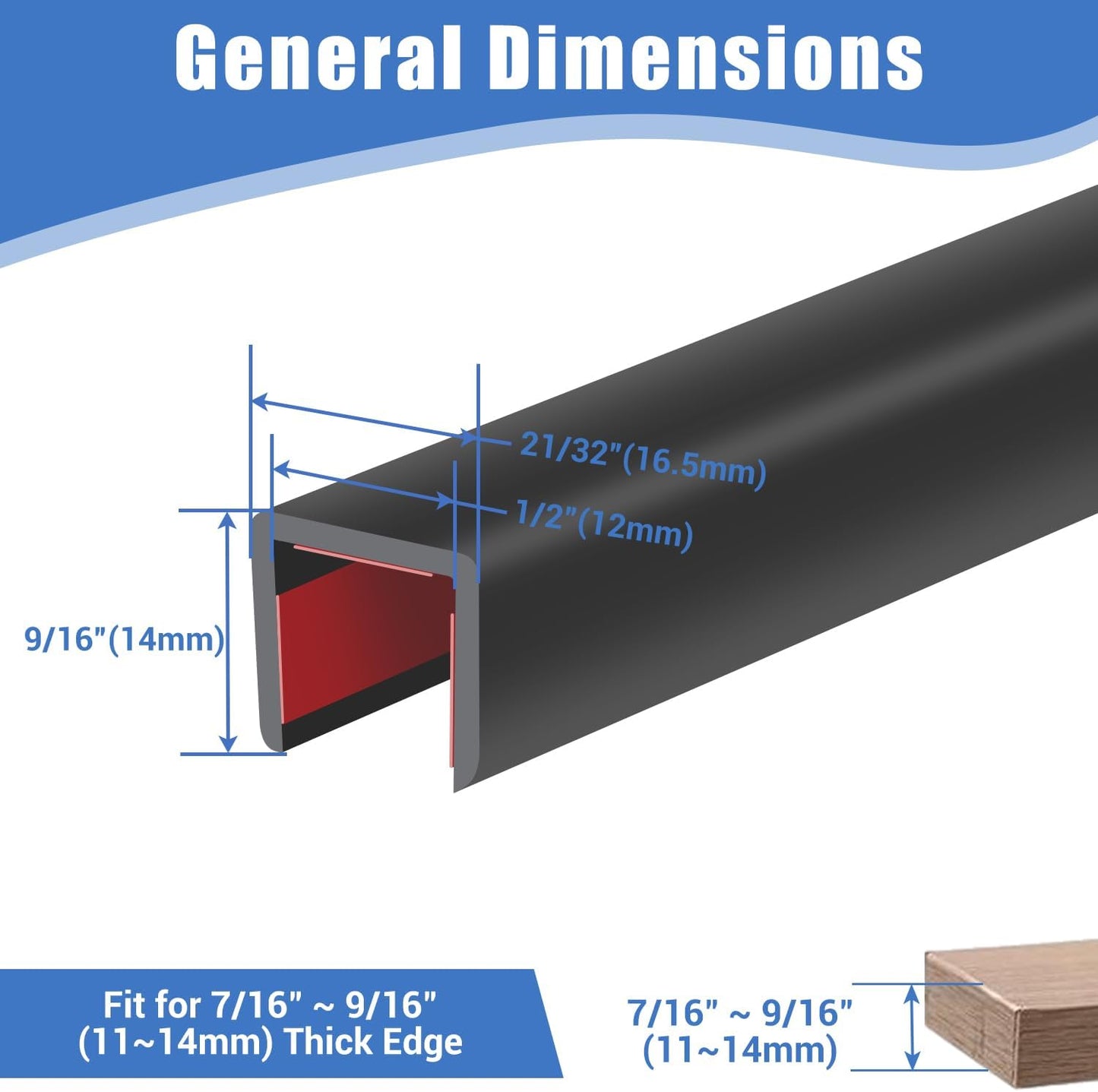 Rubber Edge Trim, Self-Adhesive U Channel Edge Protector for Plywood, Cabinet, 1/2" Wood Edge Banding, Flexible Furniture Repair, EPDM Material, Fit 1/2"(12mm), Length 20Ft, Black Color