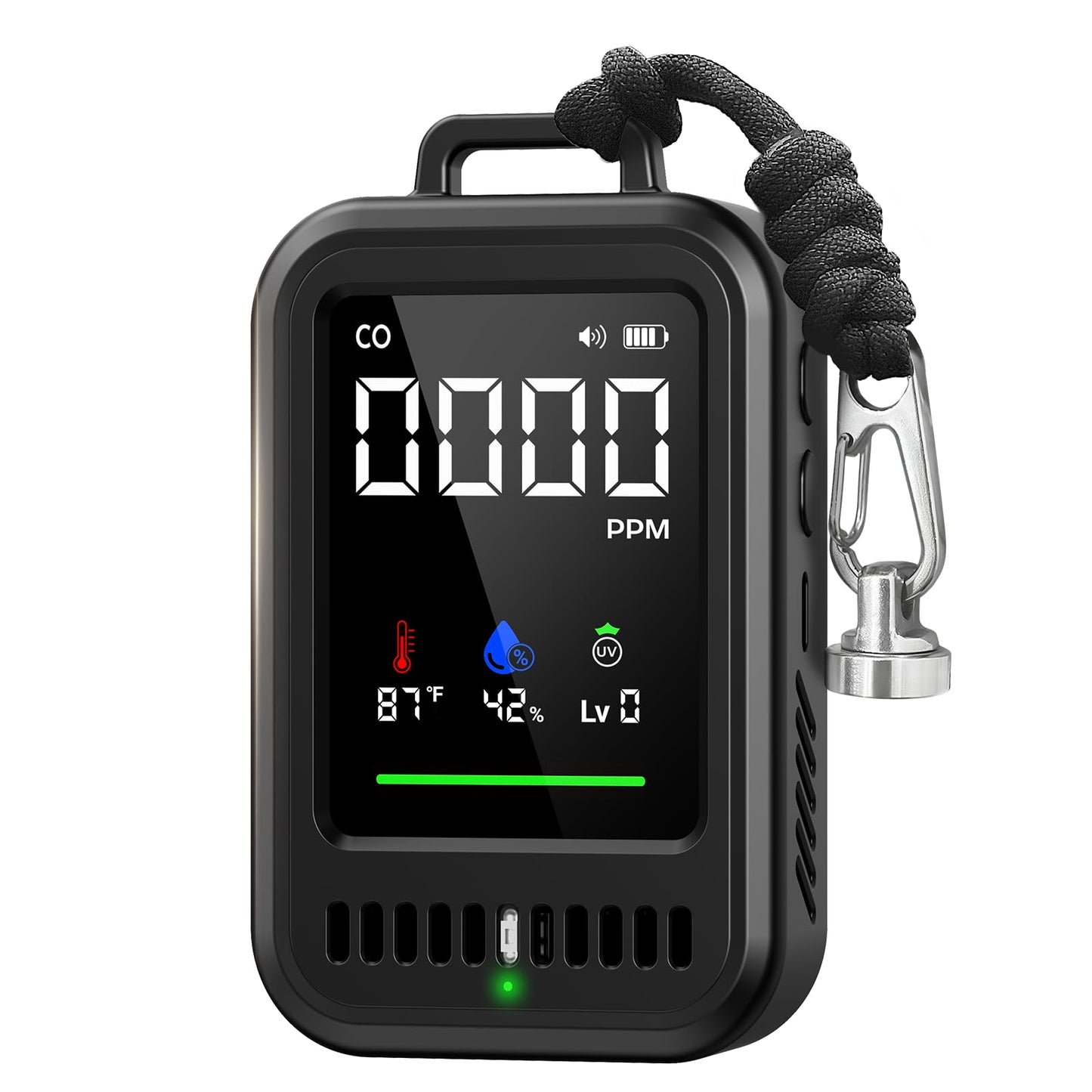 Portable Carbon Monoxide Detector for Travel, 4-in-1 CO Detector with Audible & Visual Alerts, Magnetic Lanyard, LED Light, 220H Standby, CO Monitor/Temp/Humidity/UV Sensor for Camping, Home, RV, Car