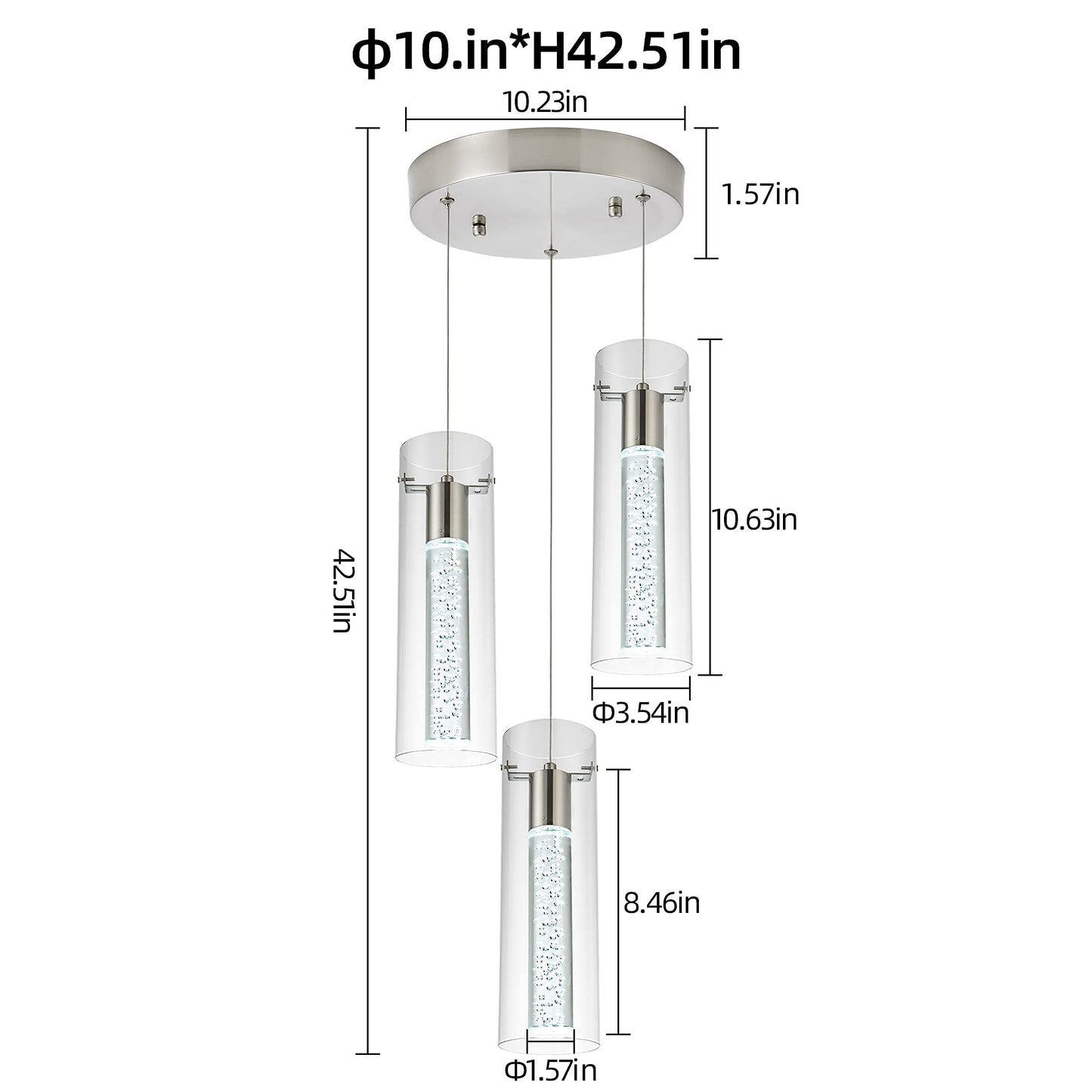 Votag Kitchen Lighting Pendant Fixtures 3-Light Led Pendant Ceiling Fixture Brushed Nickel Bubble Cylinder Pendant Light With Adjustable Length For Kitchen Island Dinning Room Bedroom