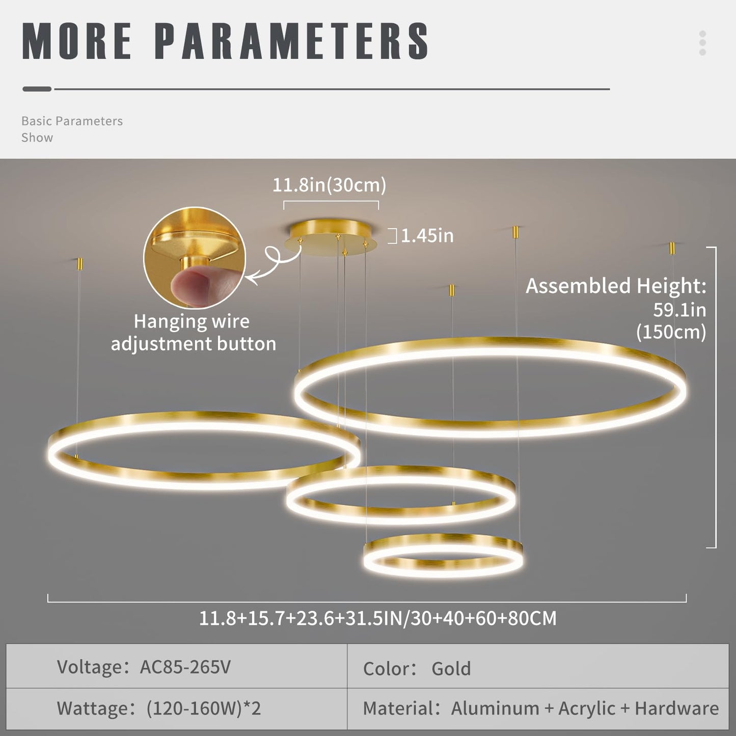 Matven Modern Ceiling Chandelier Light, Remote Control, Dimmable 3 Color Mode, 11.8+15.7+23.6+31.4in, Gold, Model KD