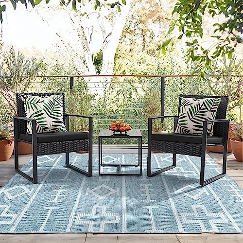 Flamaker 3 Pieces Outdoor Patio Wicker Furniture Set, Modern Rattan Chair Conversation Sets with Coffee Table for Yard and...