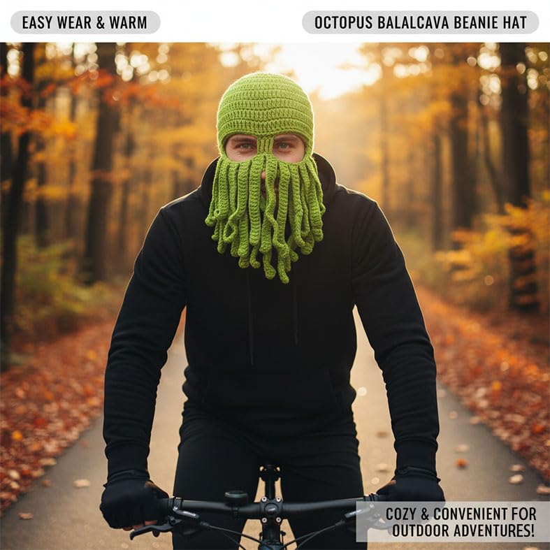 Knitted Octopus Balaclava Beanie, Green Hand-Crafted Winter Hat with Tentacles, Adult Size, for Hiking, Cycling, Outdoor A...