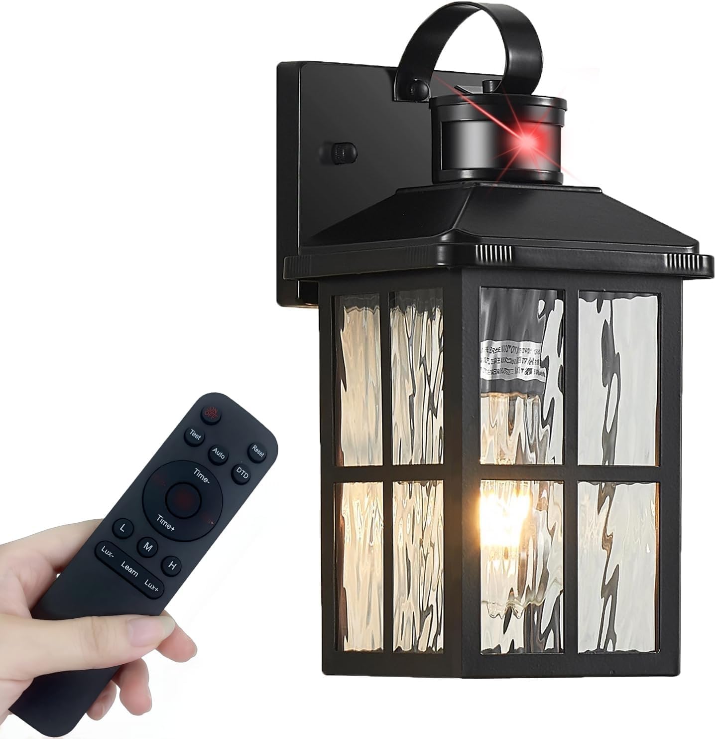 YJXGDIL Outdoor Porch Lights with Remote Control, Motion Sensor, 3 Lighting Modes, Metal, Black, Model H2001-1B-RW