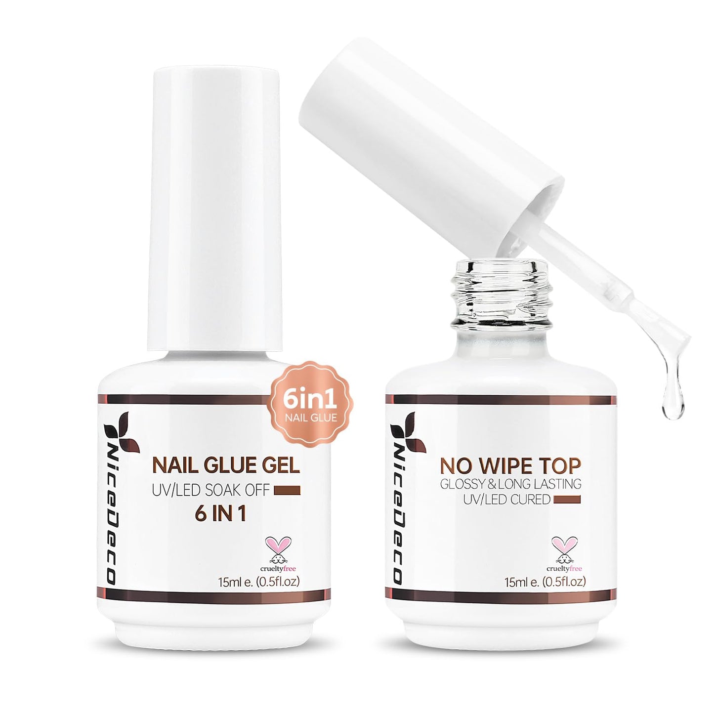 Nicedeco Gel Nail Polish 6 in 1 Nail Glue Gel and No Wipe Top Coat Set, Hema Free, Cruelty Free, Vegan, 2PCS 15ML for Adhesive N