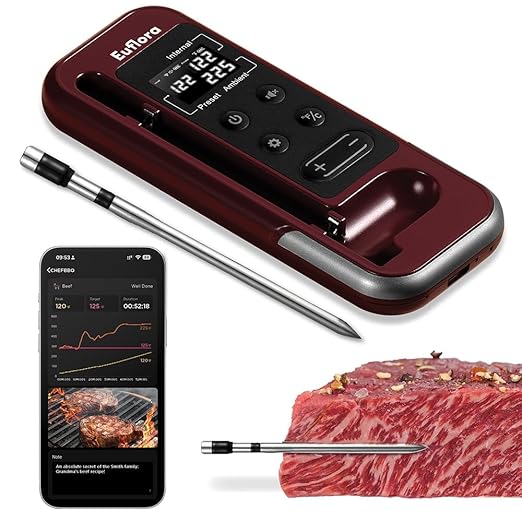 Wireless Meat Thermometer with Digital Meat Probe, Measures Internal & Ambient Temp, 800FT Bluetooth Meat Thermometer with Host Control for Barbecue, Outdoor Grilling, Oven & Smoker (Red)