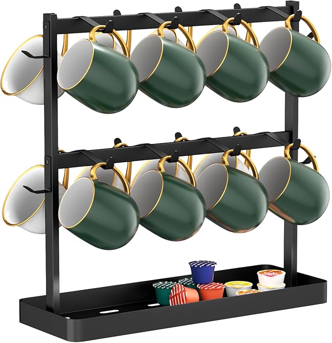 Coffee Mug Holder for Countertop 20 Hooks Mug Tree Rack 2 Tier Counter Cups Mugs Display Stand with Heavy Duty Metal Storage Base for K Cup Kitchen Tea Coffee Bar