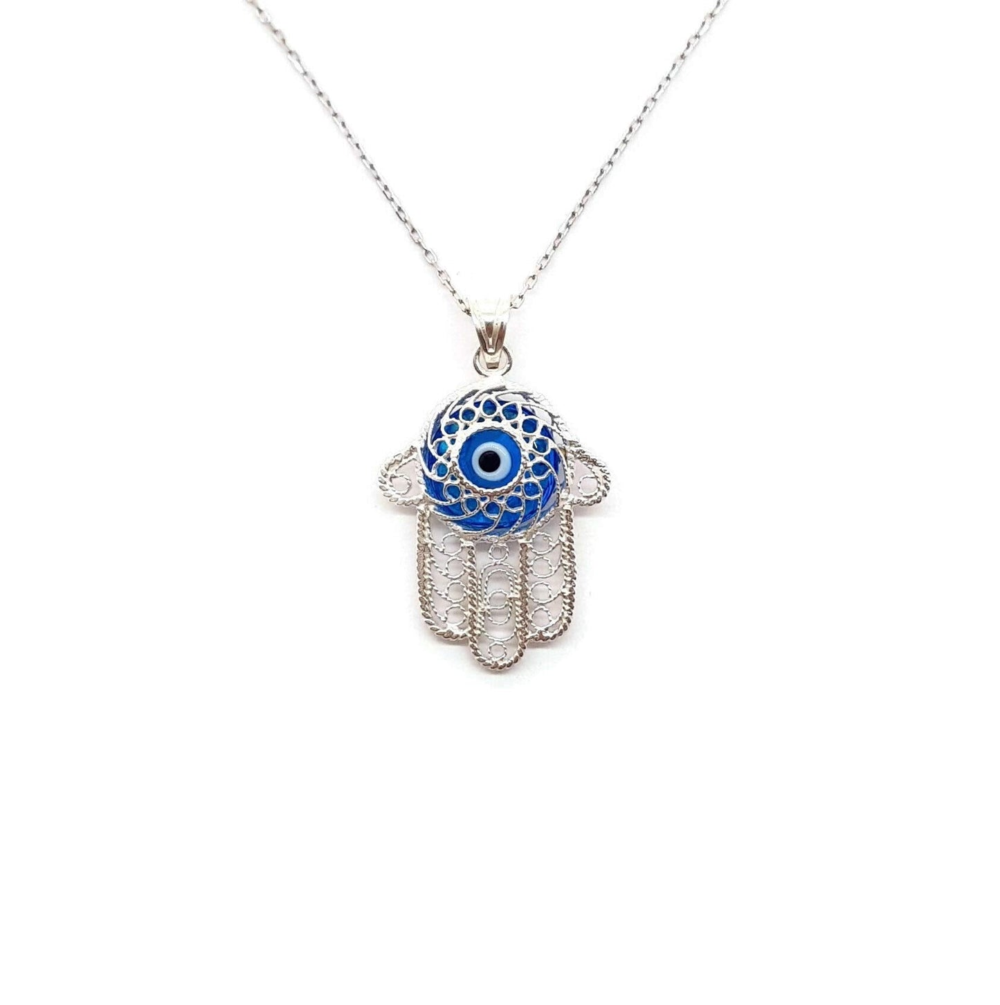 MYSTIC JEWELS By Dalia - Sterling Silver Filigree Necklace with Hamsa Hand and Turkish Blue Evil Eye
