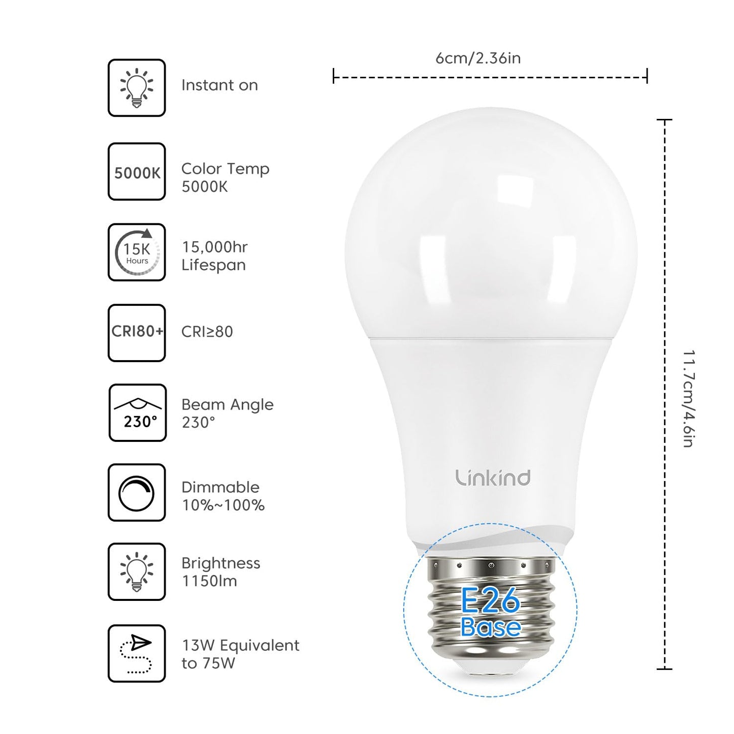 Linkind Dimmable A19 Led Light Bulbs, 75W Equivalent, 5000K Daylight, 1150 Lumens, Pack Of 6, E26 Base, Ul Listed