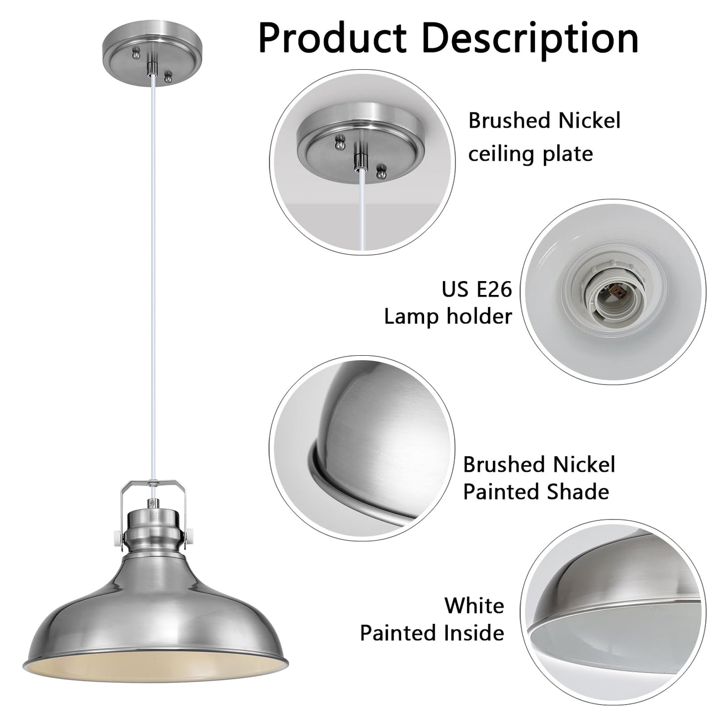 Alaislyc Brushed Nickel Farmhouse Pendant Lights Matte Pendant Lighting For Kitchen Island Industrial Adjustable Height Vintage Dome Hanging Light Fixtures For Barn  Dining Room 1 Pack