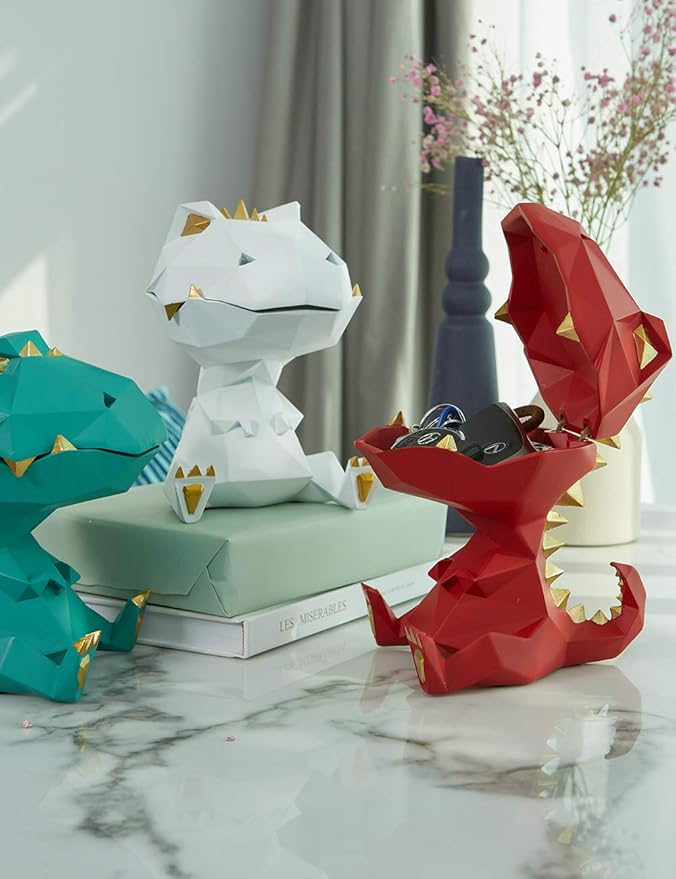 HAUCOZE Dinosaur Statue Candy Dish Key Bowl Dino Gifts Sculpture Modern Home Decor Accessories Pop Arts Polyresin Cookie Jar Green 7.5 inch