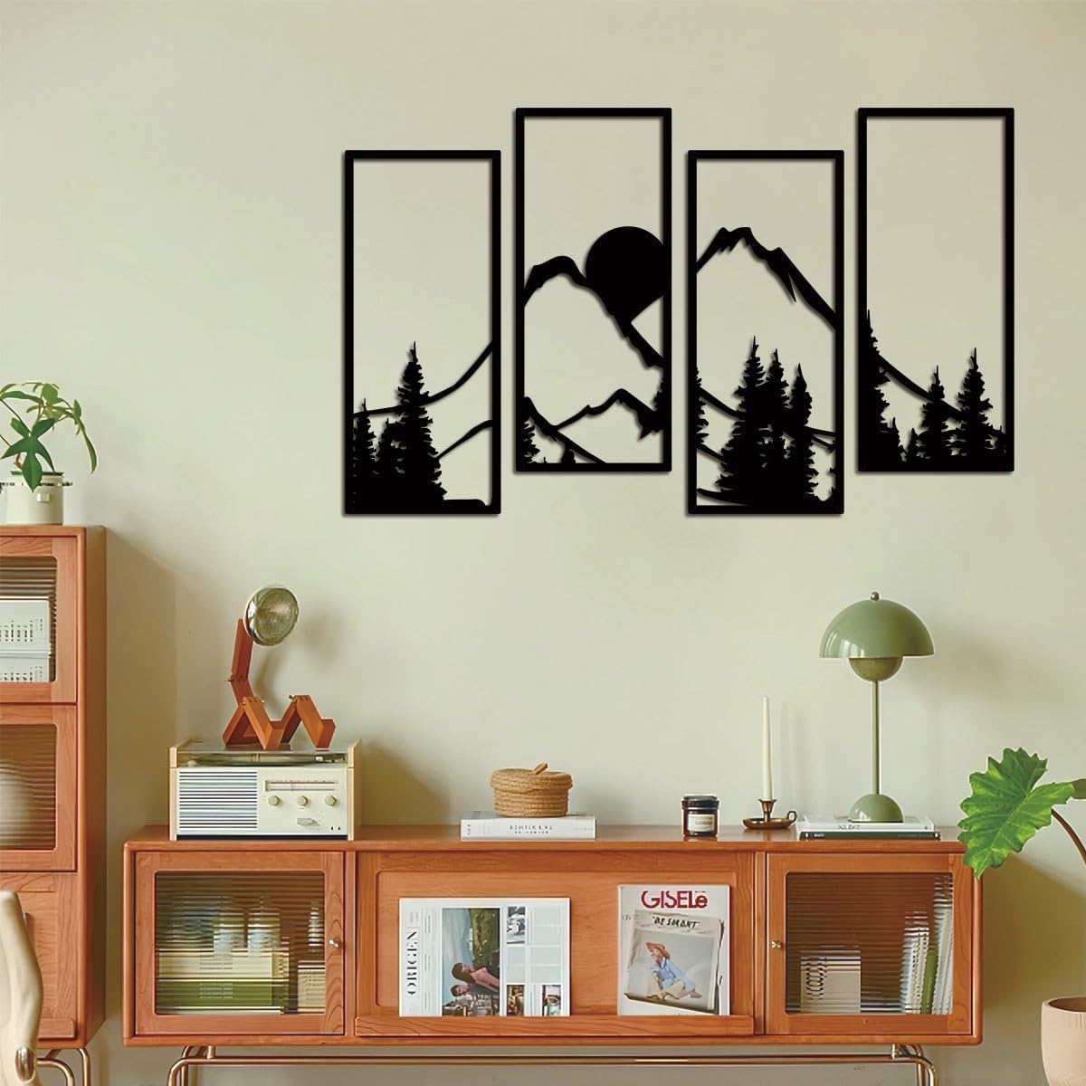 Metal Sunset Mountain Forest Wall Decor Set of 4, Minimalist Line Drawing Large Mountains Wall Art Home Decor for Living Room Bedroom Office…
