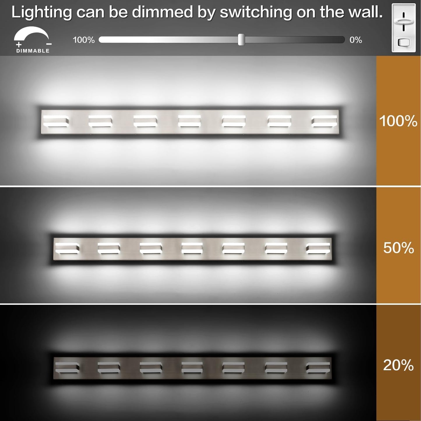 SOLFART Bathroom Vanity Light, 7-Light Brushed Nickel LED Fixture, 53 Inch, Model S8568-7T-6000K