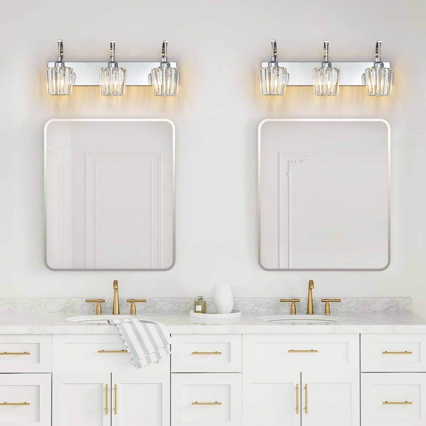 Fdpby Modern Bathroom Vanity Light  3-Light Chrome Wall Sconce With Crystal Accents  Over Mirror Bathroom Lighting Fixture  23.62 Long Dimmable Vanity Lamp For Makeup  Easy Installation