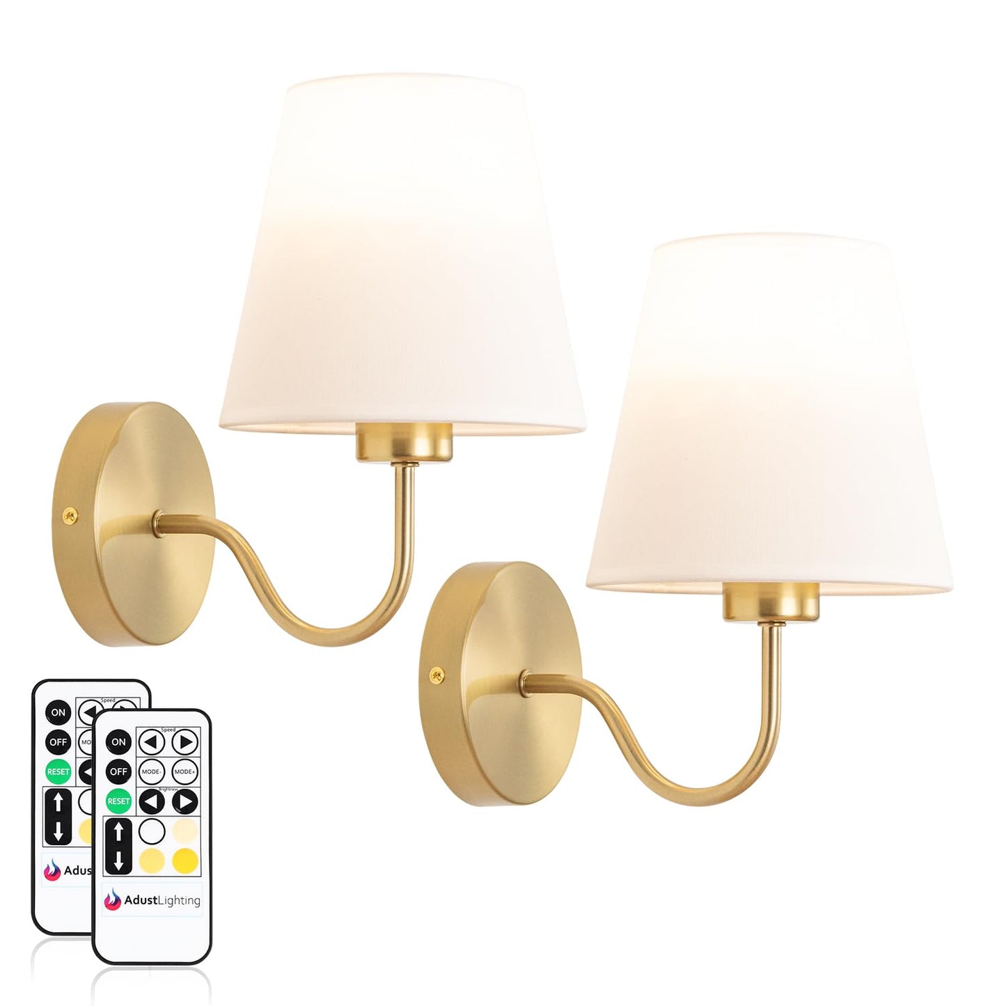 Adust Battery Operated Wall Sconce Set of Two, Remote Control, Dimmable, Antique Brass, LED Bulb, Model RML-B