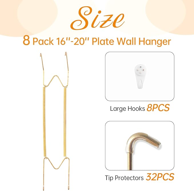 Bilillo 8 Pack Plate Hangers for the Wall, Suitable for 16-20 inch Art Plate, Stainless Steel Invisible Heavy Duty Wire Plate Holder with Wall Hooks, Plate Hangers for Displaying Plates, Platter, Dish