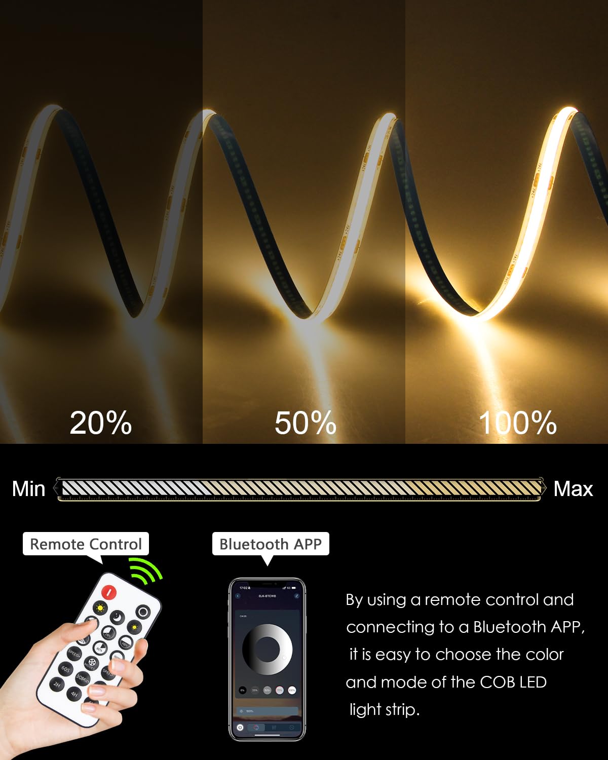 24V Cob Led Light Strip 3000K 100Ft Bluetooth Dimmable Flexible Cob Led Strip Tape Light With Remote For Bedroom Warm White Cri90+ 480Led/M Hight Density Super Bright For Home Lighting 30M/2Roll