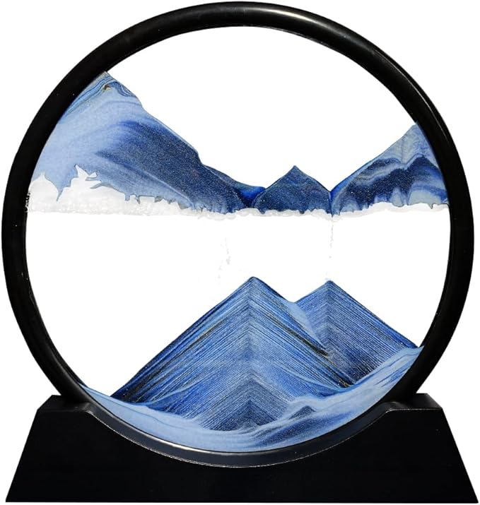 Aoderun Moving Sand Art Picture Round Glass 3D Deep Sea Sandscape in Motion Display Flowing Sand Frame Relaxing Desktop Home Office Work Decor (7", New Blue)