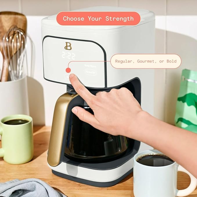 Beautiful 12-Cup Programmable Coffee Maker with Touch-Activated Display, Auto Brew Timer, Reusable Filter & Large Glass Carafe (White Icing)