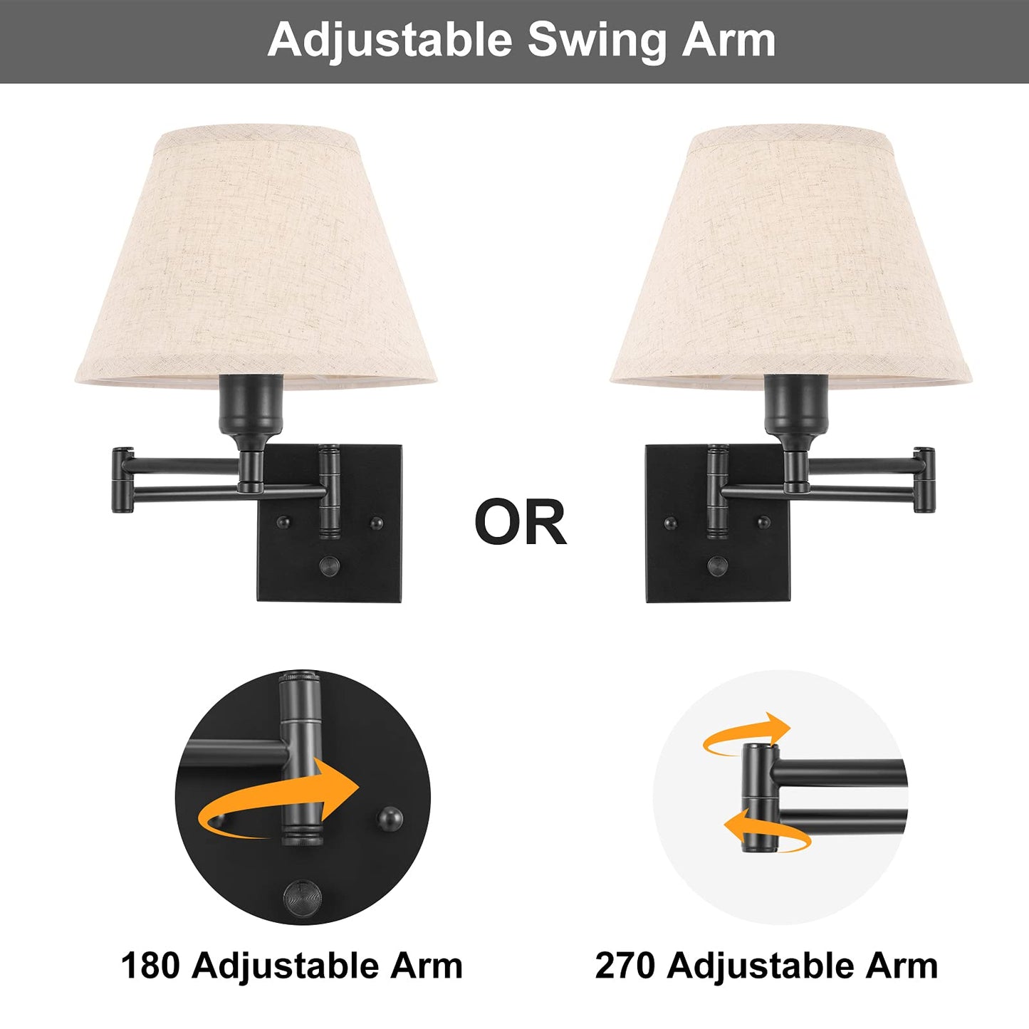TRLIFE Wall Sconce Set of Two, Dimmable Swing Arm Lights, Medium Beige Fabric Shade, Metal, Model BYsconce-M-Bei