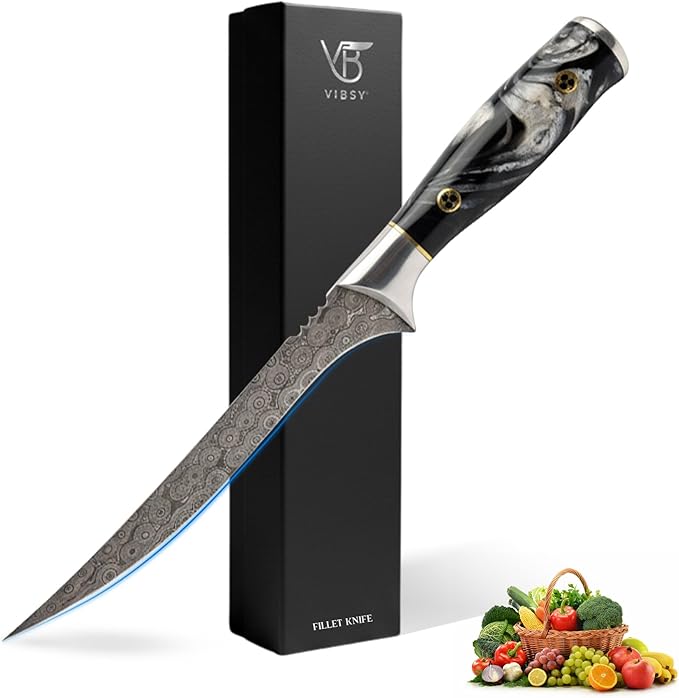 Handmade Damascus 7" Fillet Knife - Flexible Kitchen Knife for Precise Cutting, Ideal Boning Knife for Meat & Fish Fillet, Premium Filet for Fish