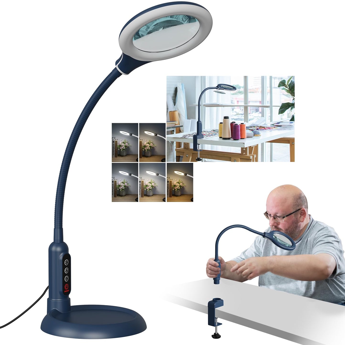 RackydigPro 10X Magnifying Glass with Light, LED 5 Color Modes, Flexible Gooseneck Desk Lamp, Blue, Model LBJT031FE01R