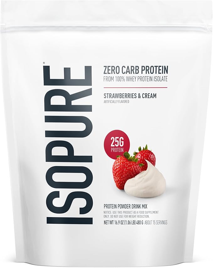Isopure Zero Carb 100% Pure Whey Isolate Protein Powder, Lactose Free, Gluten Free, With Vitamins, Strawberries & Cream, 25g Protein Per Serving, 1 Lb, 15 Servings (Packaging May Vary)