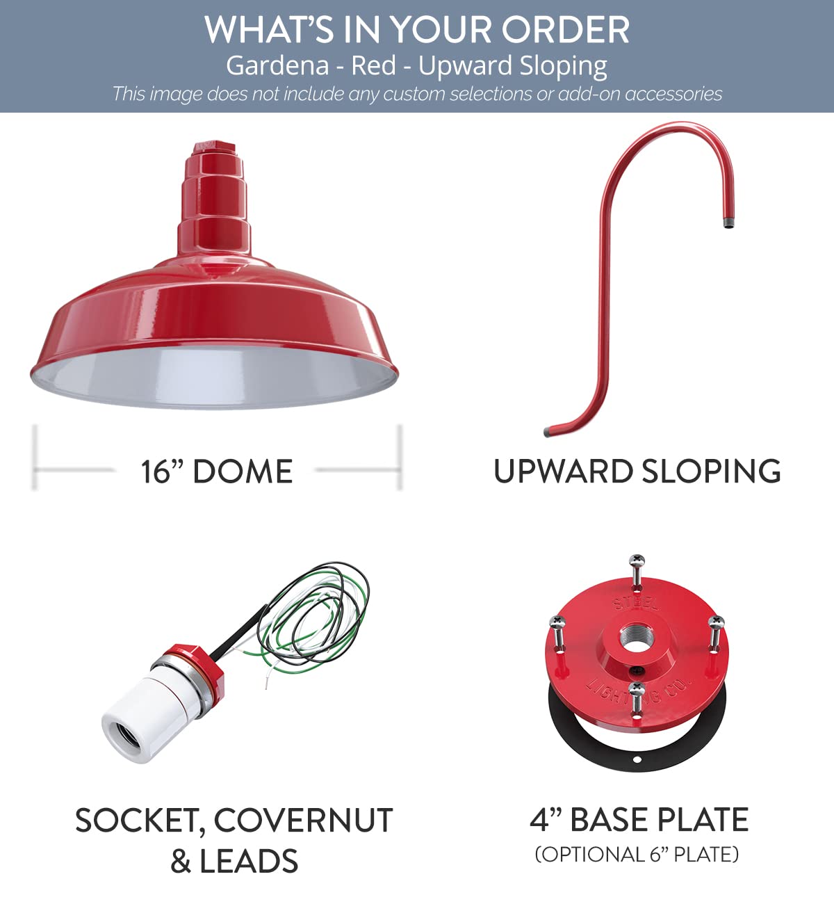 Steel Lighting Co. Gardena Barn Light - 16 Red Steel Outdoor Wall Fixture, Upslope Gooseneck, Farmhouse Style, Made In America