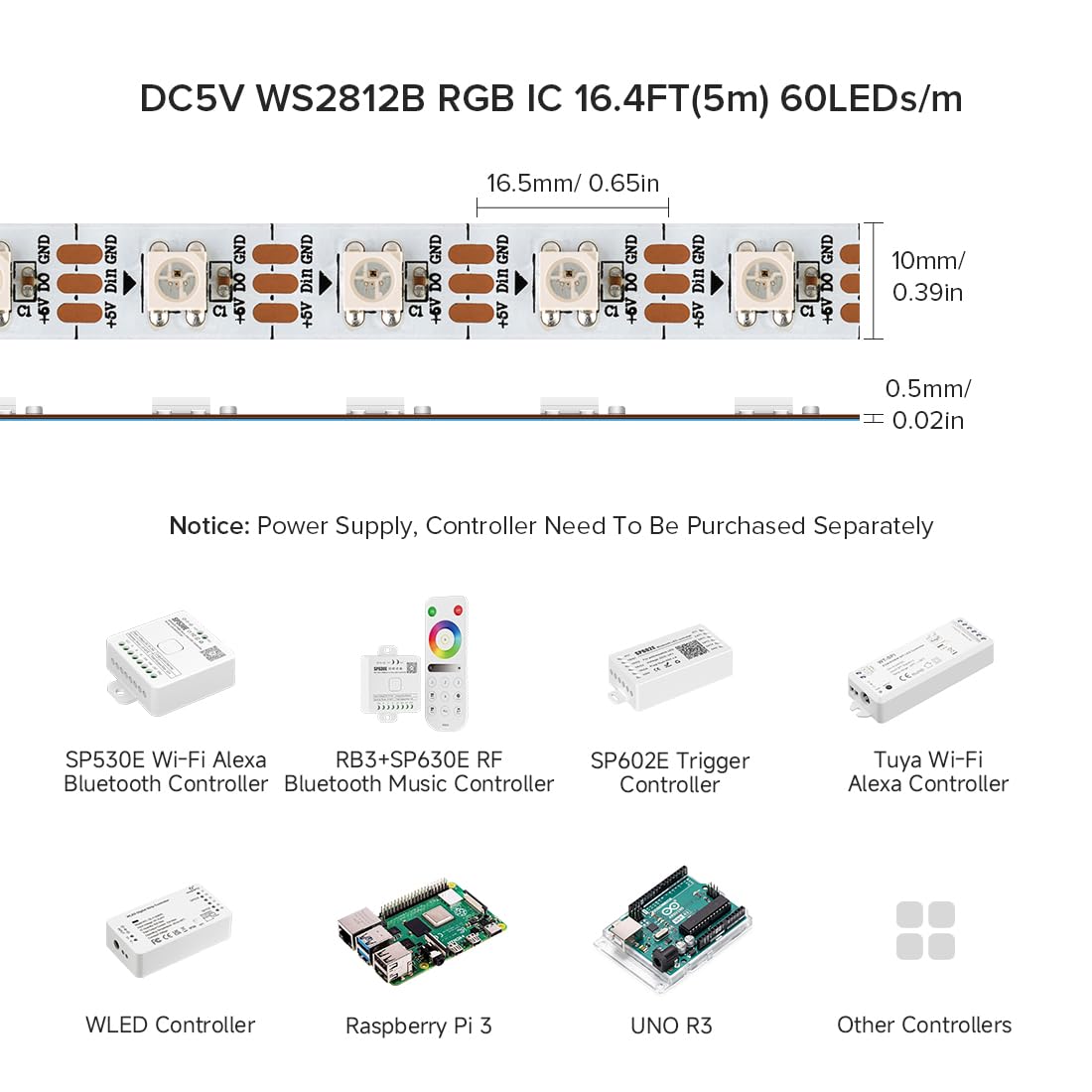 BTF-LIGHTING WS2812B RGB ECO LED Strip, Chasing Effects 5050SMD Individually Addressable 16.4FT 60Pixels/m 300Pixels Flexible Dream Color IP65 for Bedroom DIY Projects DC5V(No Adapter or Controller)