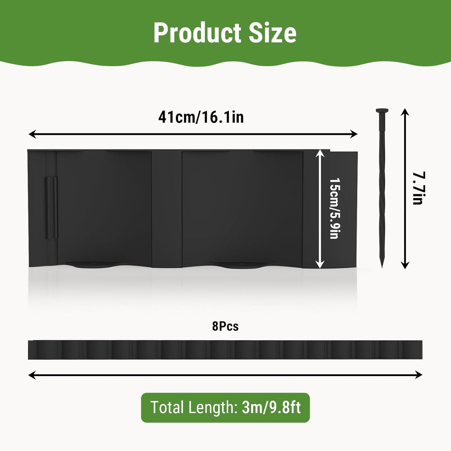 Mars Villa Landscape Edging 10FT, Interlocking Landscape Edging 5.9in Flowerbed Border Edging Plastic Flexible Flower Bed Lawn Edging for Outdoor Pathway, with Stakes（Black, 8PCS）