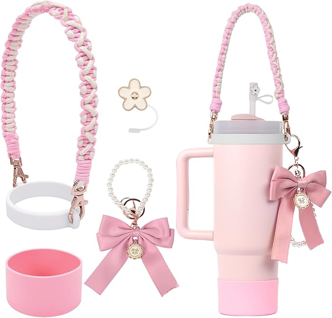 Stanley Cup Accessories Set- Water Bottle Handle Strap, Stanley Cup Protective Silicone Boot, Bow Design Stanley Charms for Stanley Cup 40oz /30 oz Tumbler (pink)