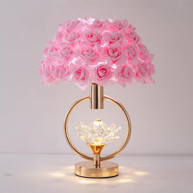 Modern Pink Rose Table Lamp with Crystal Romantic Flower Bedside Lamp Princess Nightstand Lamp Creative Desk Light for Girl Bedroom Living Room Entry Hotel Wedding 17IN