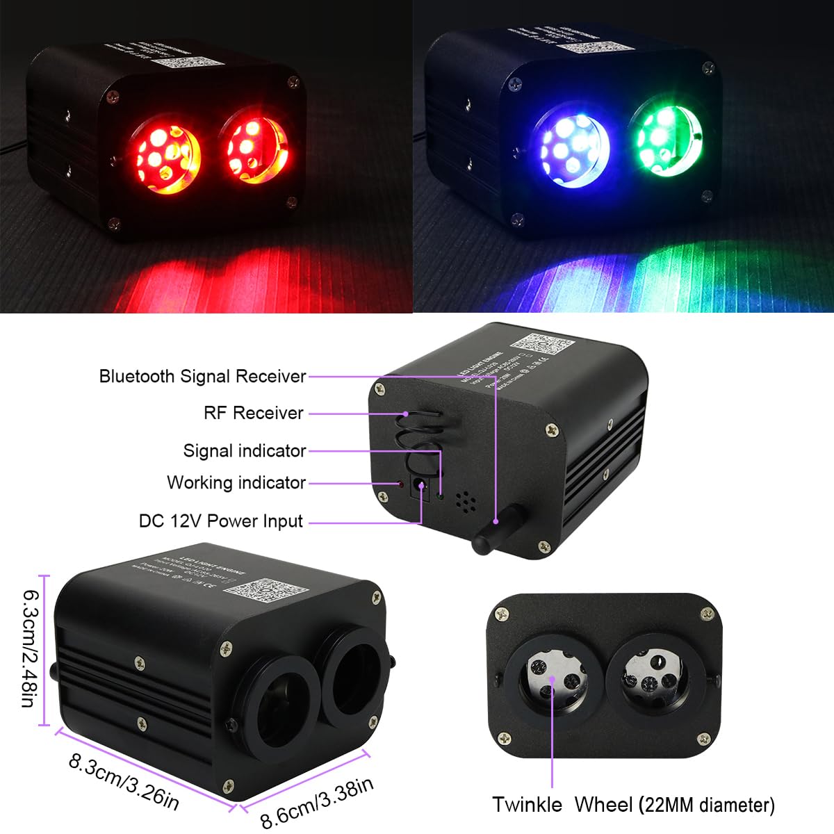 AZIMOM Dual Color Fiber Optic Starlight Kits, 600pcs 0.03in 9.8ft, Aluminum, Black, Model DUALCOLOR-888, Sound Activated,