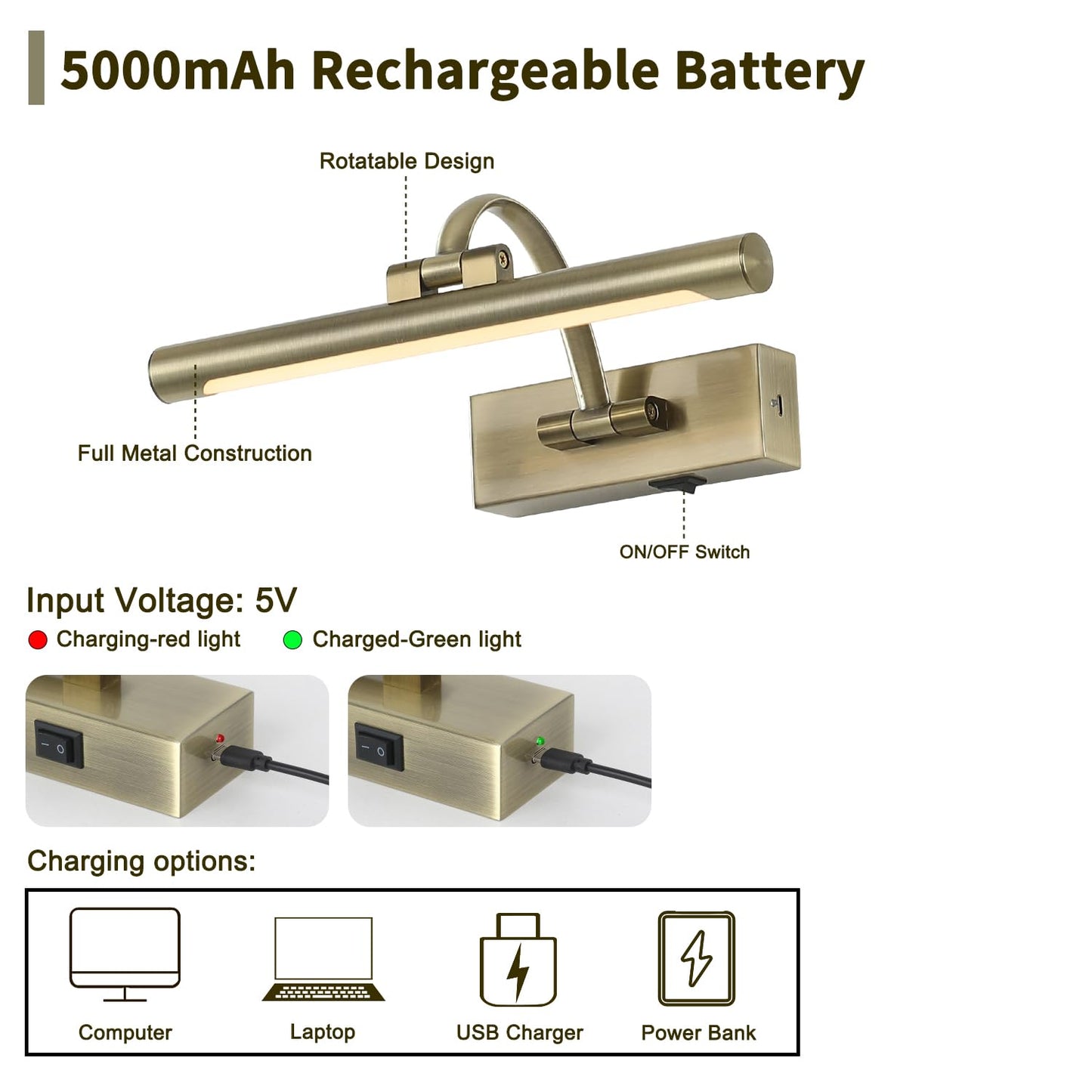 DESOOP Wireless Picture Light, 12 Inch, Rechargeable, Remote, Timer, Antique Bronze, Acrylic, Model 7115