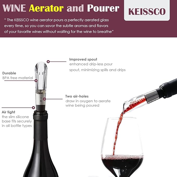 Stainless Steel Wine Opener Set - Compact Vertical Corkscrew Wine Bottle Opener Gift Set with Foil Cutter, Aerator Pourer, Vacuum Pump and 2 Wine Stoppers, Wine Gift Set for Home Party Bar
