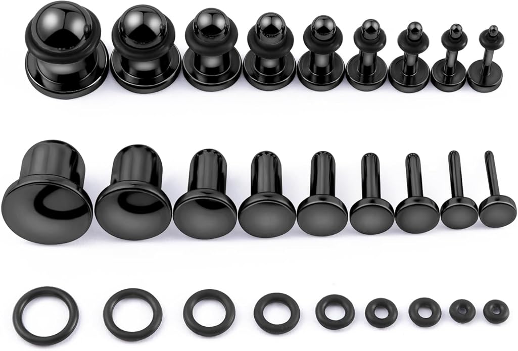 Longbeauty 18PCS 14G-00G Ear Stretching Kit Single Flat Top Gauges Plugs Surgical Steel Ear Expander Body Piercing Jewelry