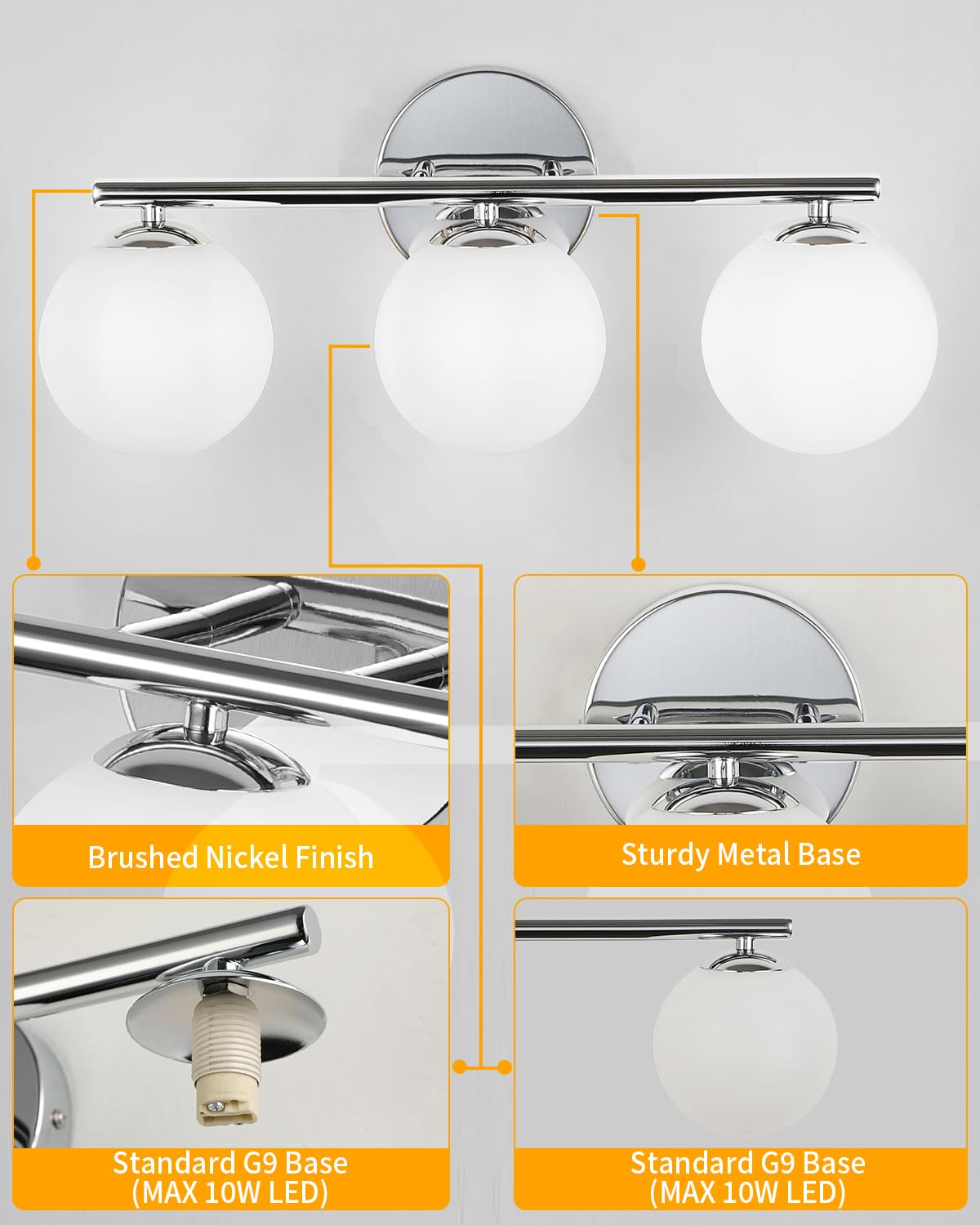 Foucasal Globe Bathroom Light Fixtures Chrome Vanity Light With Plastic Milk White Globe Shades 11.81 Inch Wall Sconce Lighting Over Mirror  3-Light Vanity Lights For Bathroom Hallway Living Room