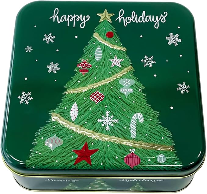 Metal Square Festive Christmas Cookie Tin with Embossed Lid for Gift Giving & Holiday Treats Multipurpose Container for Candy Snacks Holiday Christmas Party Decor Favor Gift Box GREEN GOLD XMAS TREE