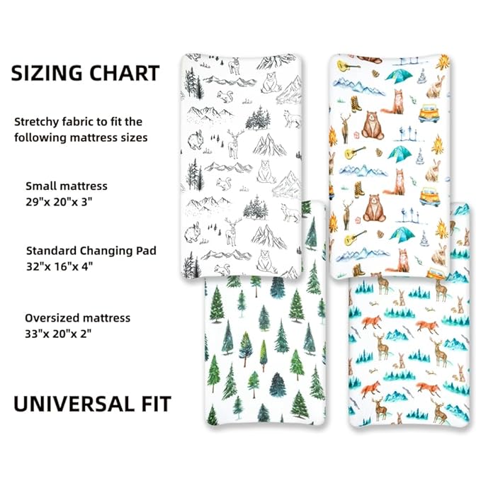 4 Pack Changing Pad Covers Woodland Forest Animals Wood Neutral Unisex Fitted Baby Changing Pad Cover Set for Baby Boys or Girls