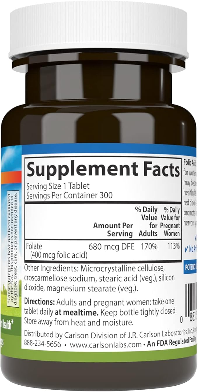 Carlson - Folic Acid, 400 mcg, Provides Important Prenatal Support, Fetal Development, 300 Tablets